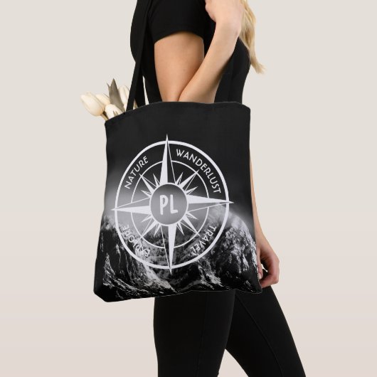 Kompassterembleem monogram dramatische bergen tote bag (Dichtbij)