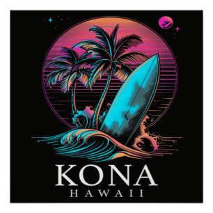 Kona Hawaï Hawaiaans Surfboard Vintage Perfect Poster