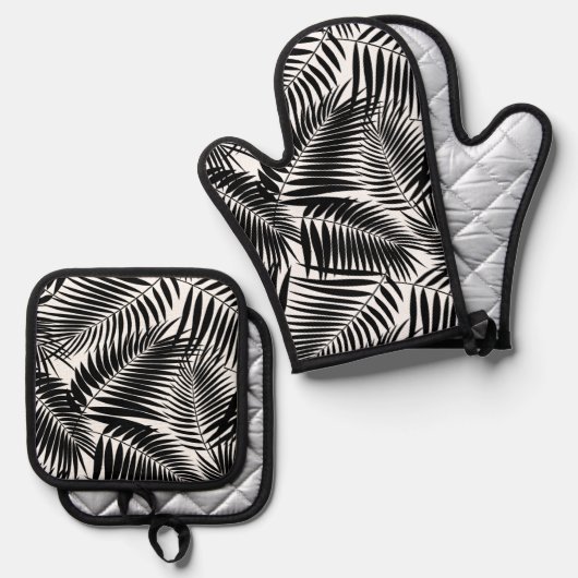 Kona Palms Hawaiian Tropical Leaf Black Ovenwant & Pannenlap Set (Voorkant / Achterkant)