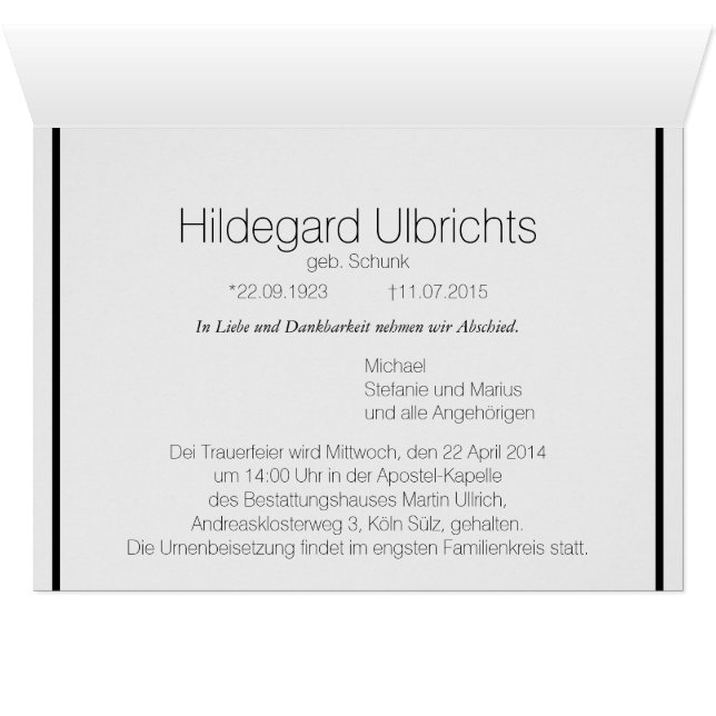 Kondolenzkarte dezent (Binnen Horizontaal (Onder))