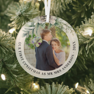 Kone greenery new weds 1st kerstfoto glas ornament