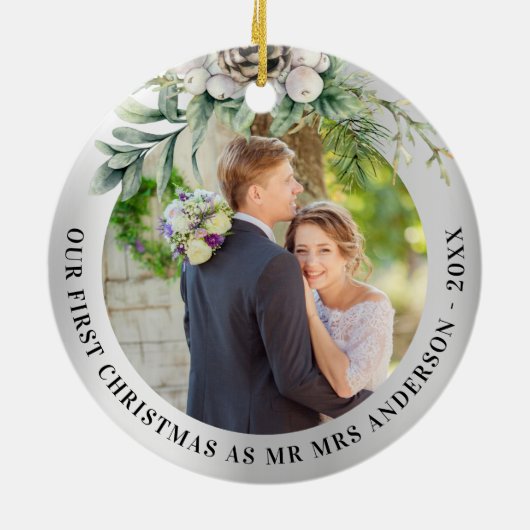 Kone greenery new weds 1st kerstfoto keramisch ornament (Achterkant)