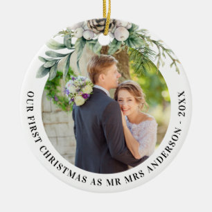 Kone greenery new weds 1st kerstfoto keramisch ornament