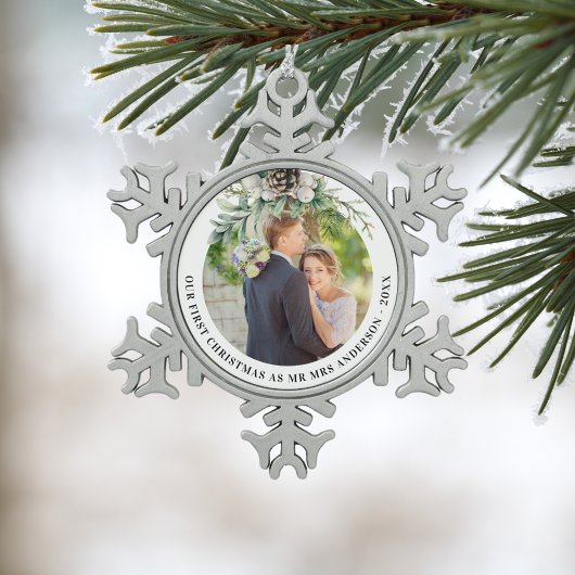 Kone greenery new weds 1st kerstfoto tin sneeuwvlok ornament