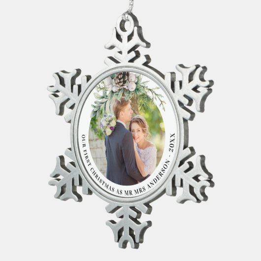 Kone greenery new weds 1st kerstfoto tin sneeuwvlok ornament (Rechts)