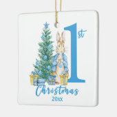 Konijn 1e eerste blauwe kerstvakantie keramisch ornament (Links)