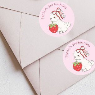 Konijn aardbei roze verjaardag ronde sticker