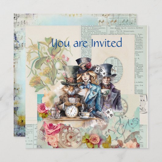 Konijn, Alice en Mad Hatter in Top Hats Kaart (Voorkant / Achterkant)