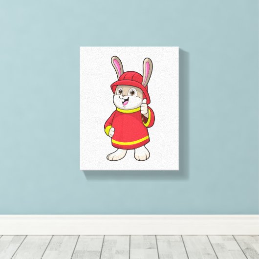 Konijn als brandweerman met Helmet Canvas Afdruk (Insitu (Houten vloer))