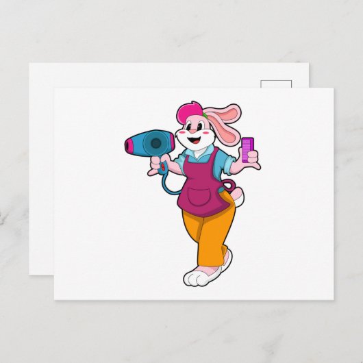 Konijn als kapper met föhn en kam briefkaart (Voorkant / Achterkant)