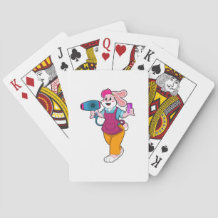 Konijn als kapper met föhn & kam pokerkaarten