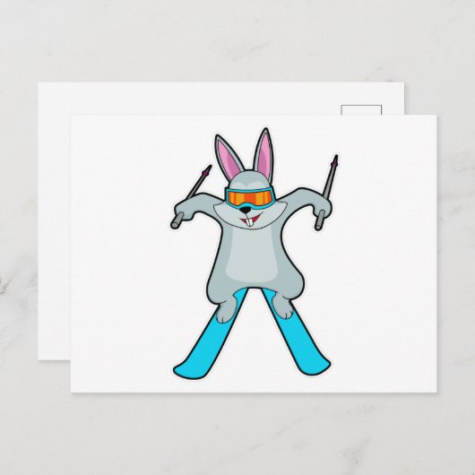 Konijn als skiër met ski briefkaart (Voorkant / Achterkant)