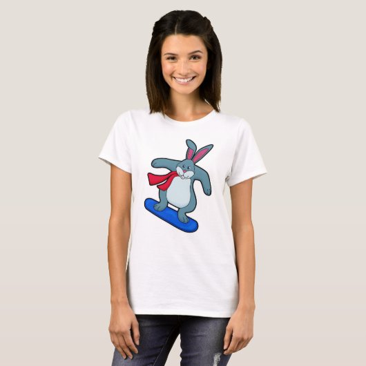 Konijn als Snowboarder met Snowboard en Scarf T-shirt (Voorkant volledig)