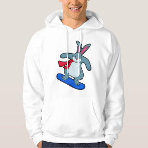 Konijn als snowboarder met snowboard en sjaal hoodie