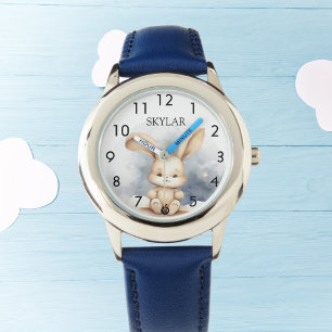 Konijn baby beige blauwe lucht kwekerij horloge