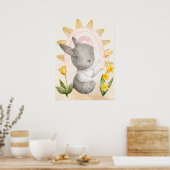 Konijn, Baby dieren, Boho, Gele bloemen, Regenboog Poster (Keuken)