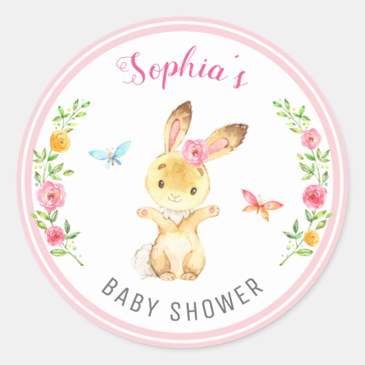 Konijn Baby Meisje Shower Roze Strooisel Cute Bloe Ronde Sticker (Voorkant)