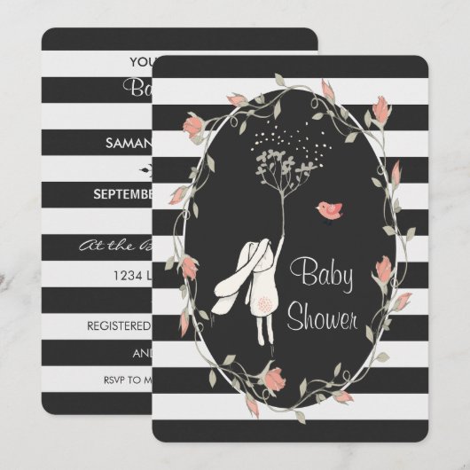 Konijn Baby Shower Zwart Wit Streep Bloemenkrans Kaart (Voorkant / Achterkant)