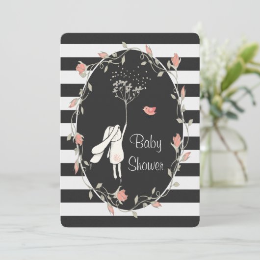 Konijn Baby Shower Zwart Wit Streep Bloemenkrans Kaart (Staand voorkant)