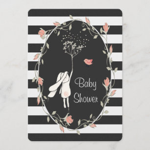 Konijn Baby Shower Zwart Wit Streep Bloemenkrans Kaart