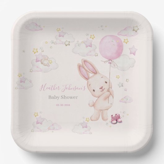 Konijn Babyshower Meisje Papieren Bordje (Voorkant)