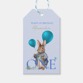 Konijn ballonnen met eerste verjaardag en naam cadeaulabel