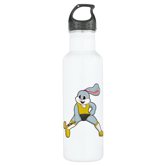 Konijn bij Hockey met Hockey bat Waterfles (Voorkant)