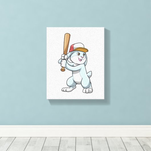 Konijn bij honkbal met honkbalknuppel canvas afdruk (Insitu (Houten vloer))