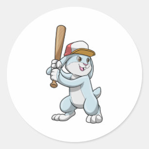 Konijn bij honkbal met honkbalknuppel ronde sticker