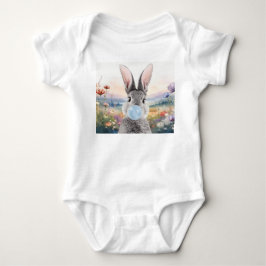 Konijn blaast blauwe bubbelgom met wilde bloemen romper