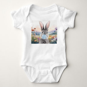 Konijn blaast blauwe bubbelgom met wilde bloemen romper