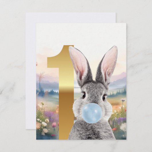 Konijn blaast blauwe kauwgom Eerste verjaardag (Voorkant / Achterkant)