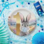 Konijn blaast blauwe kauwgom Eerste verjaardag Papieren Bordje (Feest)