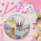 Konijn blaast blauwe kauwgom Eerste verjaardag Papieren Bordje (Feest)