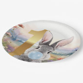 Konijn blaast blauwe kauwgom Eerste verjaardag Papieren Bordje (Gekanteld)