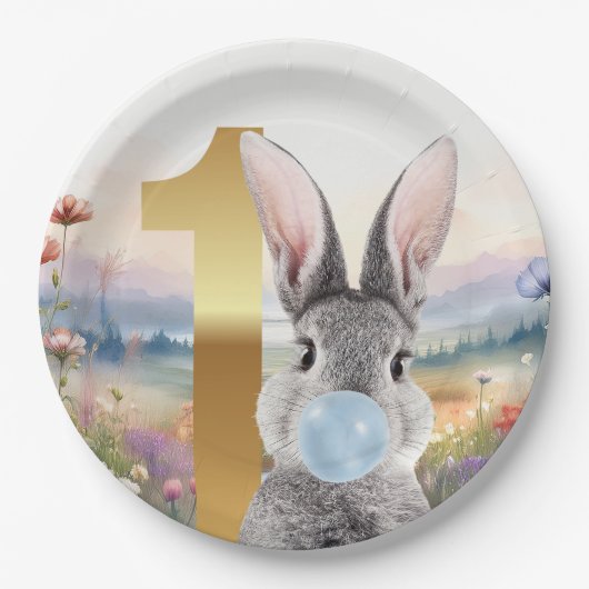 Konijn blaast blauwe kauwgom Eerste verjaardag Papieren Bordje (Voorkant)
