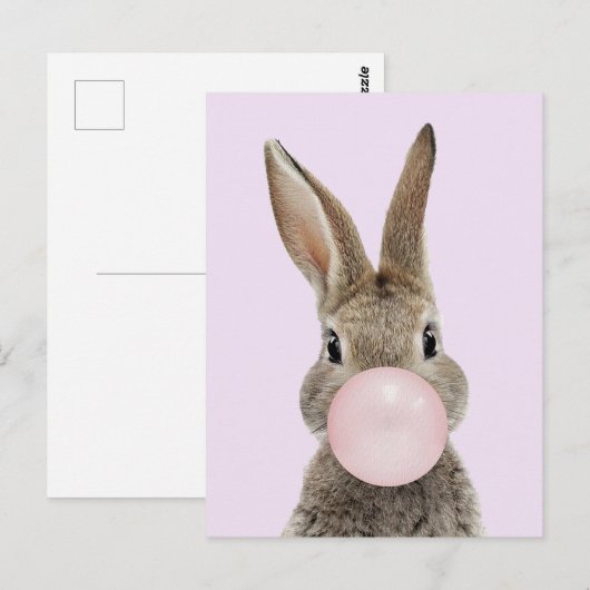 Konijn Blaast Roze Kauwgom Bubbel Briefkaart (Voorkant / Achterkant)