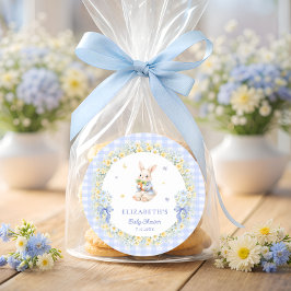 Konijn Blauw Gingham Baby Shower Bedankt Ronde Sticker