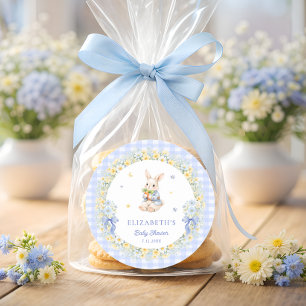 Konijn Blauw Gingham Baby Shower Bedankt Ronde Sticker