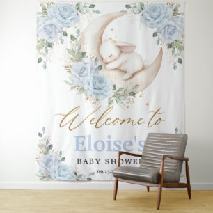 Konijn Blauwe Bloem Maangeboorte Shower Welkom Wandkleed