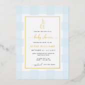 Konijn Blauwe Gingham Baby Shower Folie Uitnodigin Uitnodiging (Voorkant)