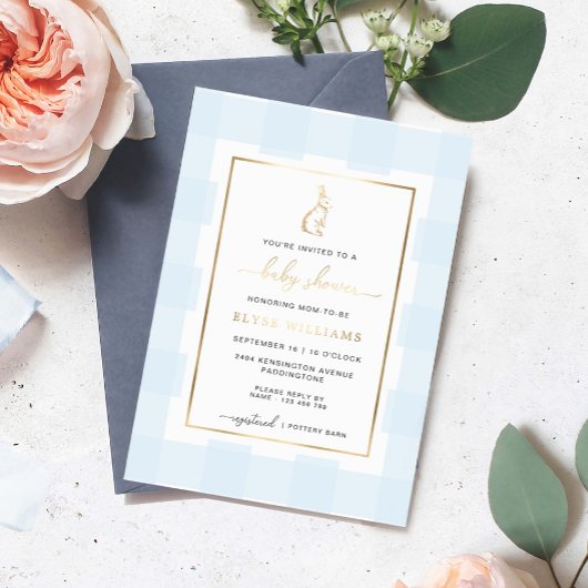 Konijn Blauwe Gingham Baby Shower Folie Uitnodigin Uitnodiging