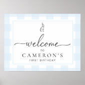 Konijn Blauwe Gingham Verjaardags Welkom Bord Poster (Voorkant)
