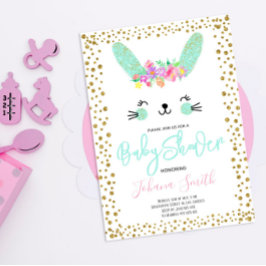 Konijn Blauwe Gouden Confetti Baby Shower Uitnodig Kaart