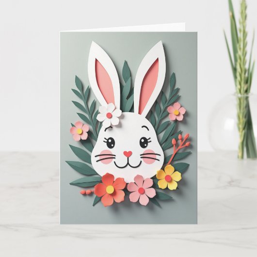 Konijn Bloem Papier Kunst Kaart (Voorkant)