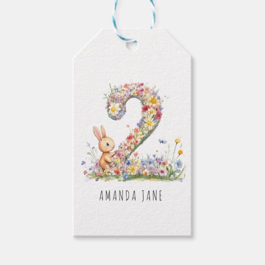 Konijn Bloemen 2e Verjaardag Cadeaulabel (Voorkant)