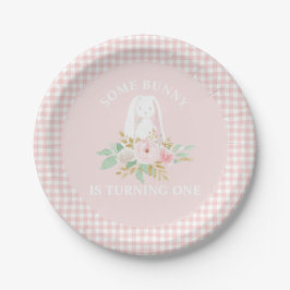 Konijn bloemen en roze gingham verjaardag papieren bordje