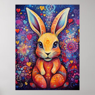 Konijn Bloemen harten paars Poster