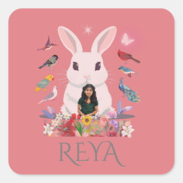 Konijn, Bloemen & Vogels Gepersonaliseerd ontwerp Vierkante Sticker