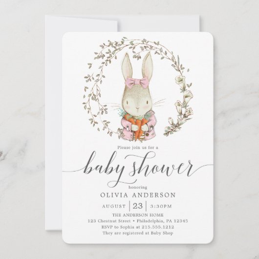  konijn Botanisch Roze Baby shower Kaart (Voorkant)